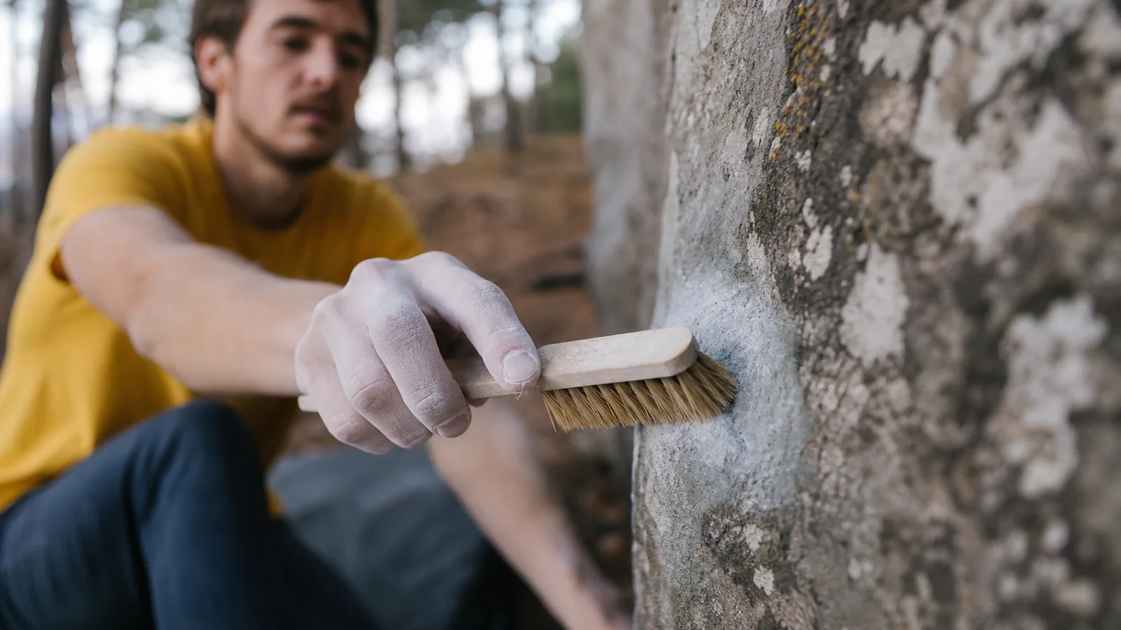 Brosse à grimper en bois posée sur un bloc de grès patiné à Fontainebleau, poils naturels en sanglier visibles, sac à magnésie ouvert en arrière-plan, lumière chaude de matinée