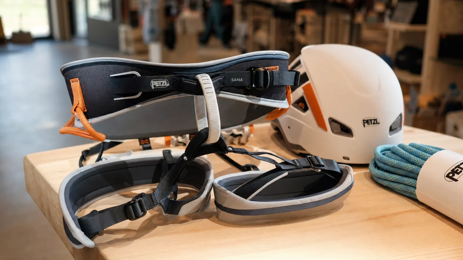 Baudrier Petzl Corax posé sur un sac d'escalade avec dégaines accrochées au porte-matériel