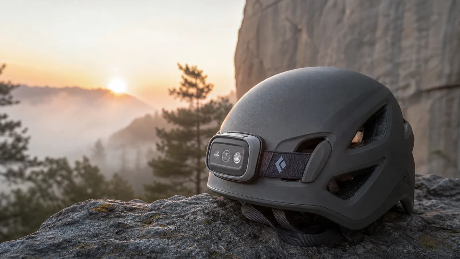 Casque d'escalade Petzl Sirocco posé sur un rocher de calcaire au pied d'une voie