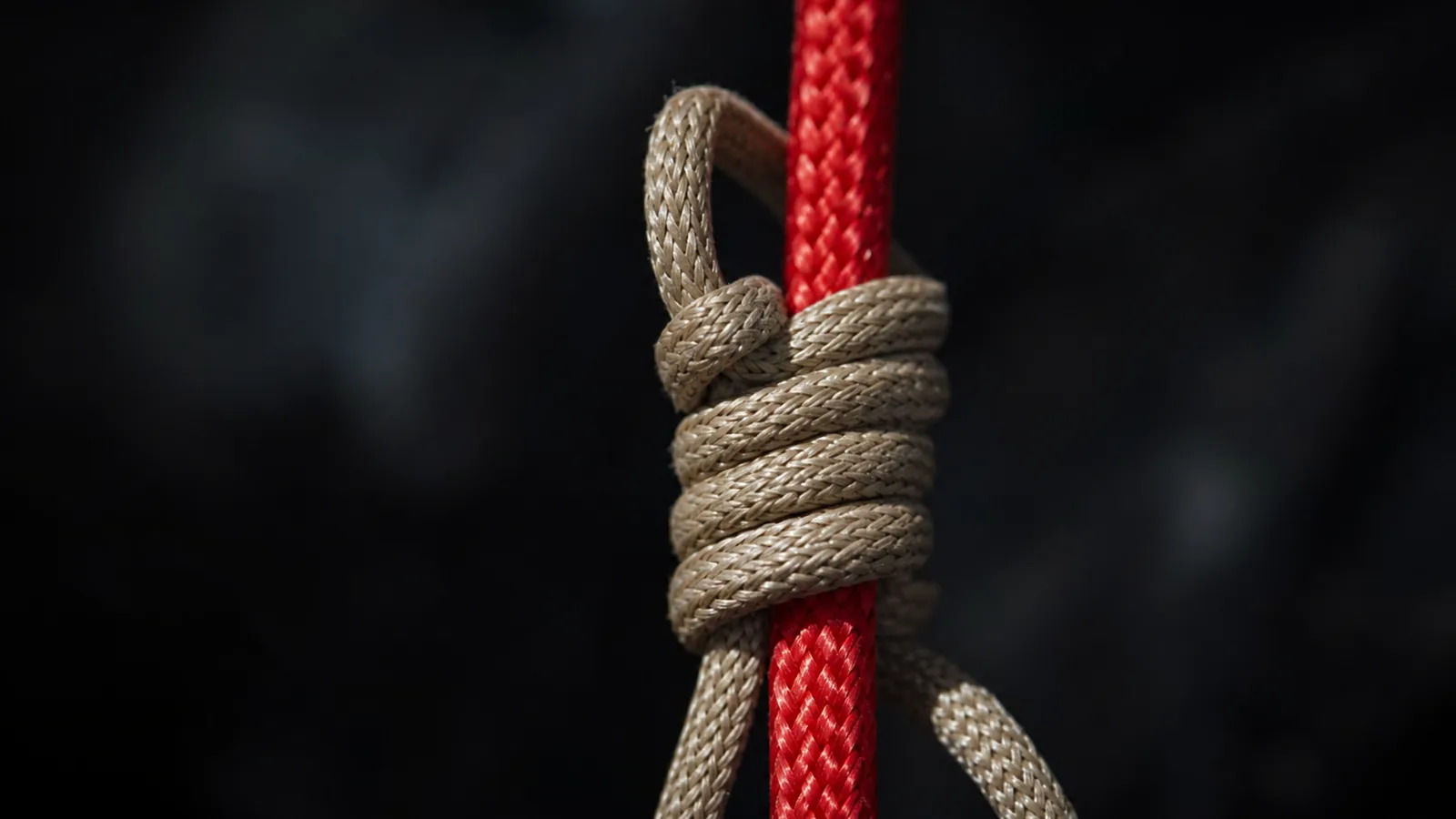 Prussik tracé en trois tours symétriques sur une corde dynamique simple, cordelette orange Ø 7 mm en boucle fermée par double-pêcheur, mousqueton à vis de connexion visible en bas, gros plan sur la géométrie du nœud