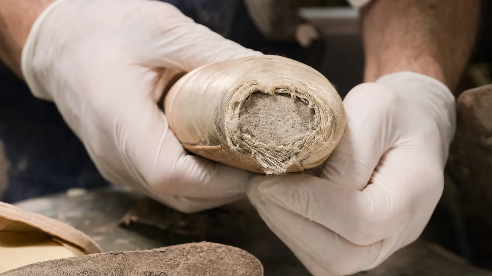 Atelier de resemelage de chaussons d'escalade : paire en cours de ponçage sur un établi