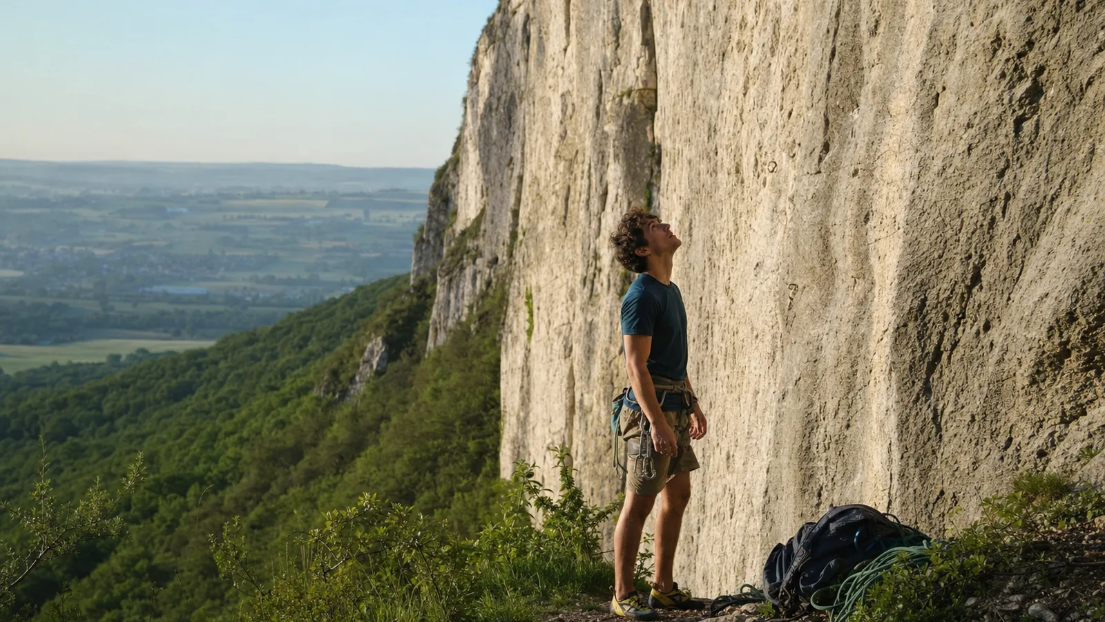 Couple de grimpeurs au pied d'une voie de calcaire blanc, casques sur la tête, sac de cordes au sol, ciel bleu et garrigue méditerranéenne en arrière plan